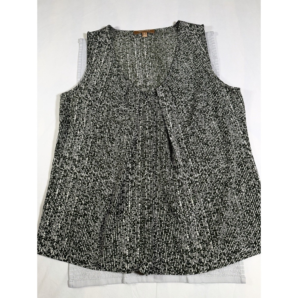 Ellen Tracy Womens Tank Top L White Green Sleeveless V Neck Pleated Blouse